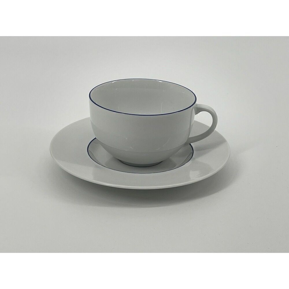 Crate & Barrel Epoch Blue Line White Tea Cup & Saucer Set Kathleen Wills Japan
